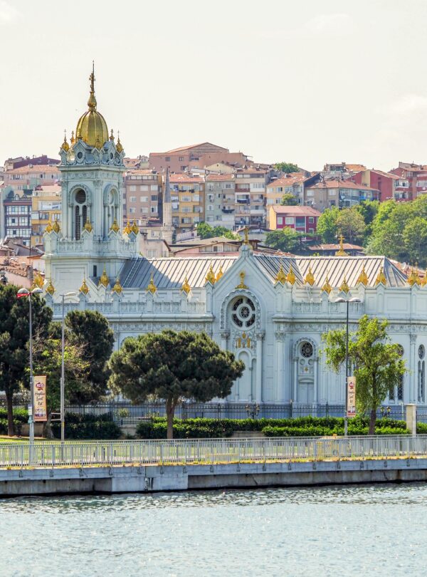 Beautiful view of St. Stephen Church with waterfront in Istanbul, Turkey, showcasing historic architecture.