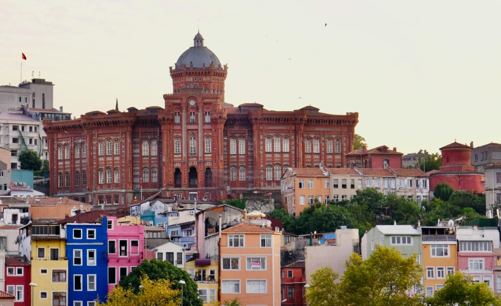 Vibrant view of Fener Greek Patriarchate and colorful houses in Istanbul, Turkey.