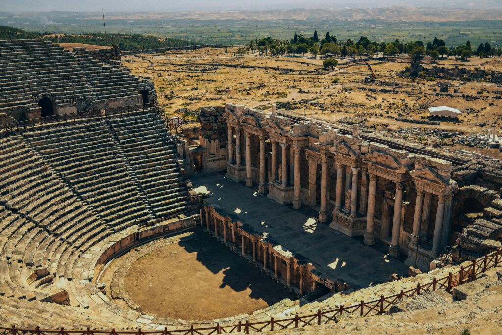 Stunning view of the ancient Roman amphitheater in Hierapolis, Turkey's Pamukkale region.